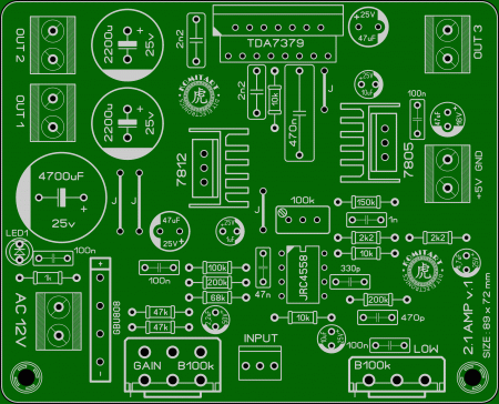 2.1 Amplifier TDA7379 or TDA7377 one layer PCB Komitart LAY6 foto