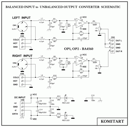 BA4560 balanced input to unbalanced output converter schematic