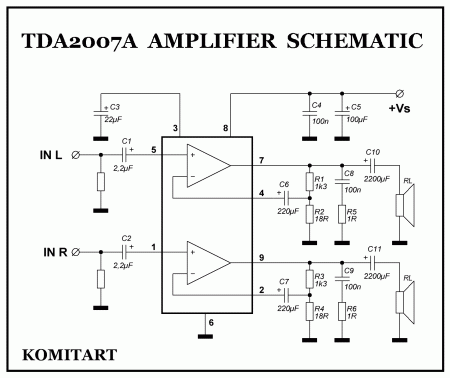 TDA2007A amplifier stereo mode schematic