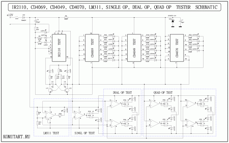 IR2110, CD4069, CD4049, CD4070, LM311, SINGLE OP, DUAL OP, QUAD OP  TESTER  SCHEMATIC