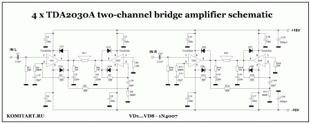 4 x TDA2030 bridge mode amplifier schematic