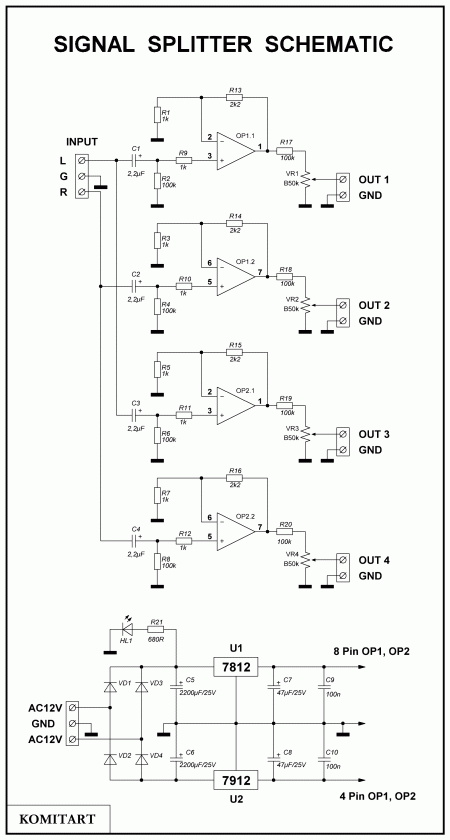 4 Channel audio line distributor schematic