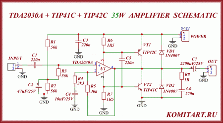 TDA2030A TIP41C TIP42C 35W amplifier schematic